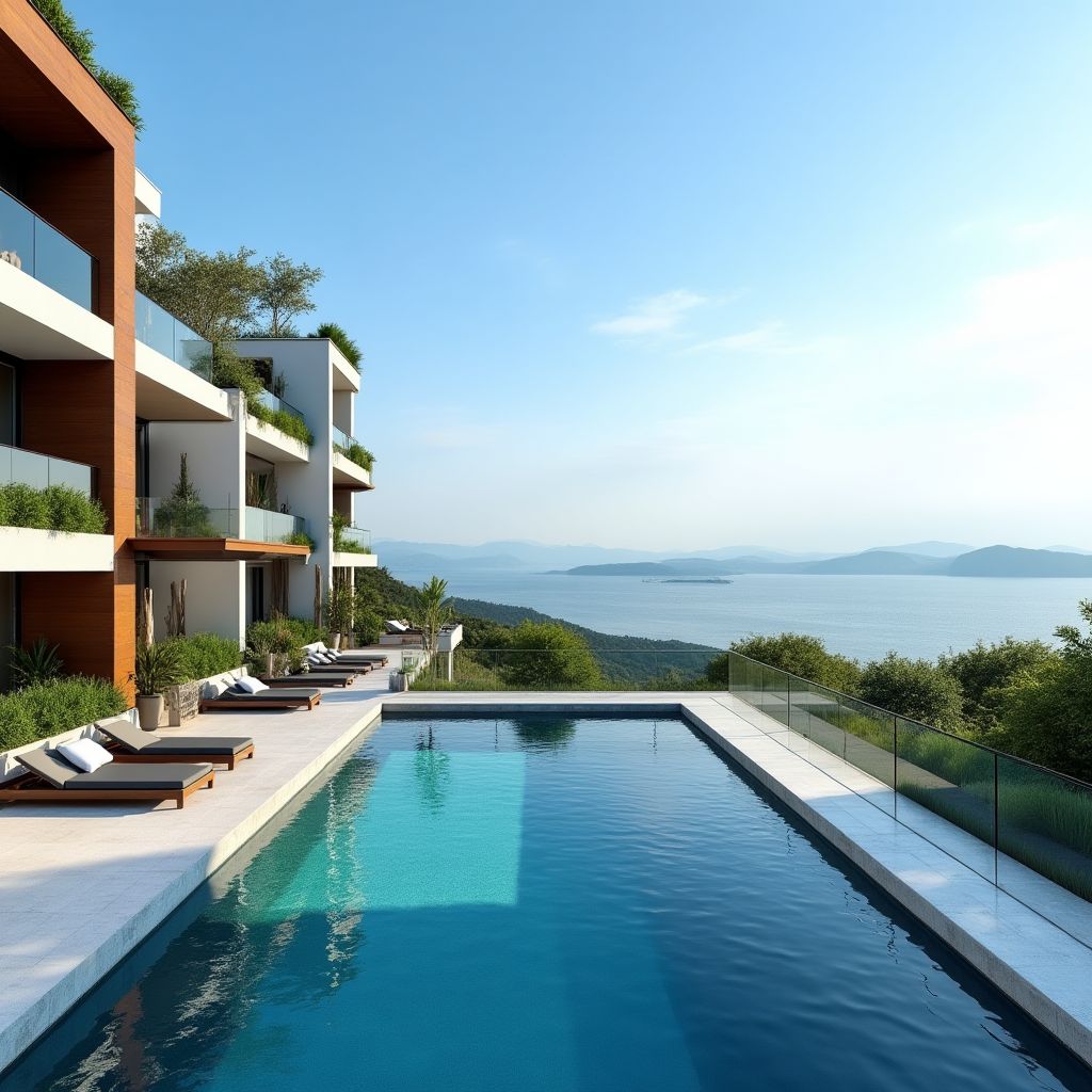 Modern residential complex swimming pool Mediterranean view luxury apartments
