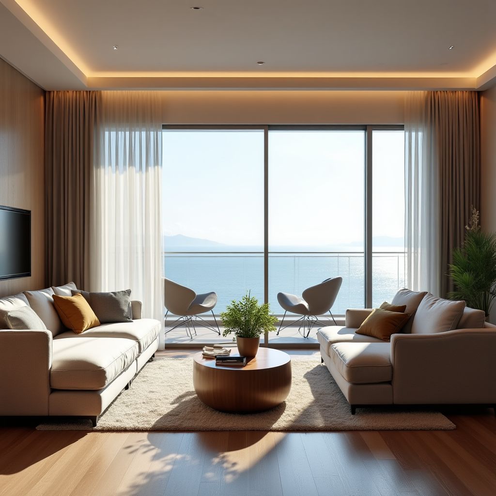 Luxury apartment interior modern design furnished living room sea view