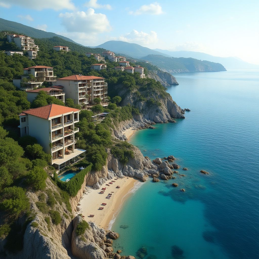 Aerial view coastal development Mediterranean apartments beachfront properties